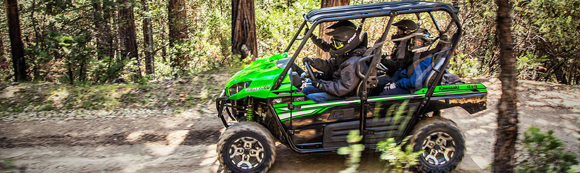 Four people take a ride in a 2017 Kawasaki Teryx4™ side by side in the forest
